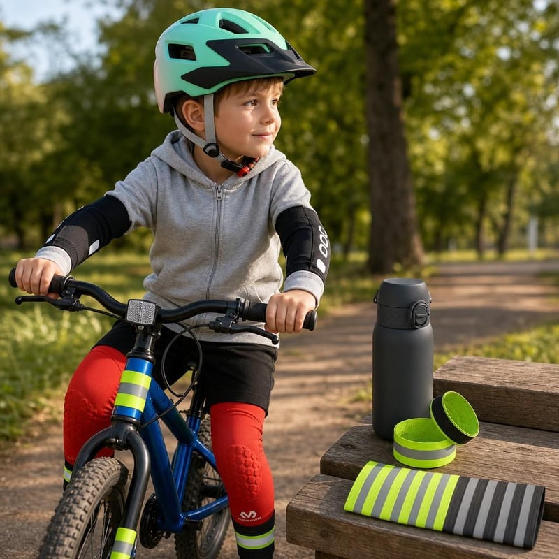 Set primii pași pe bicicletă: cască + 2 genunchiere + cotiere + 8 benzi reflectorizante + bidon 400ml