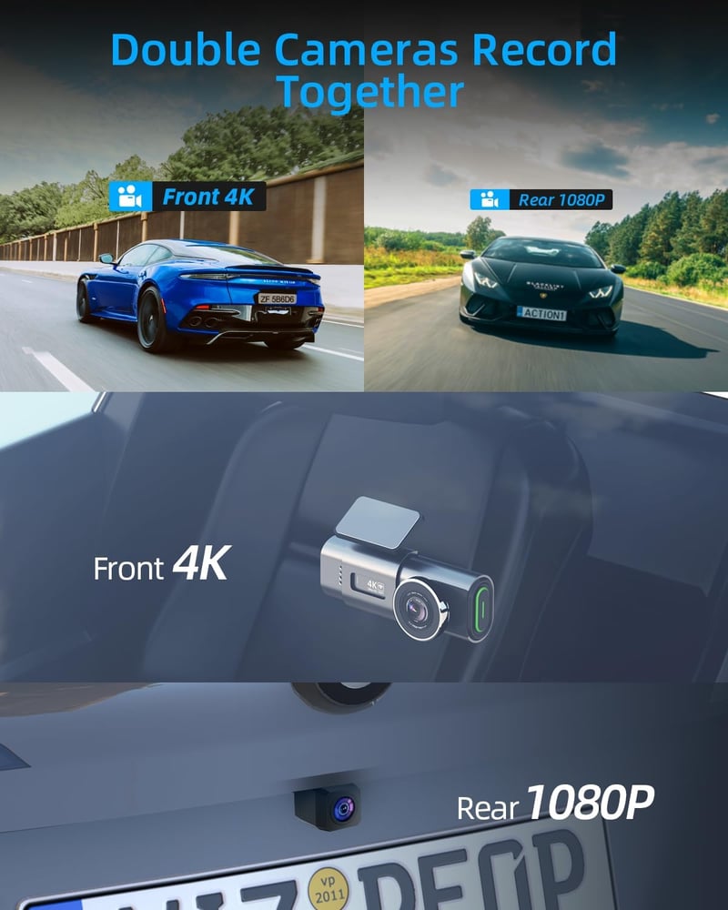 WeBeqer WiFi Autós Menetrögzítő Kamera 4K+1080P Felbontással, Első-Hátsó Kamera, 64GB SD Kártyával, 170°+140° Látószög, Éjjellátó, G-szenzor