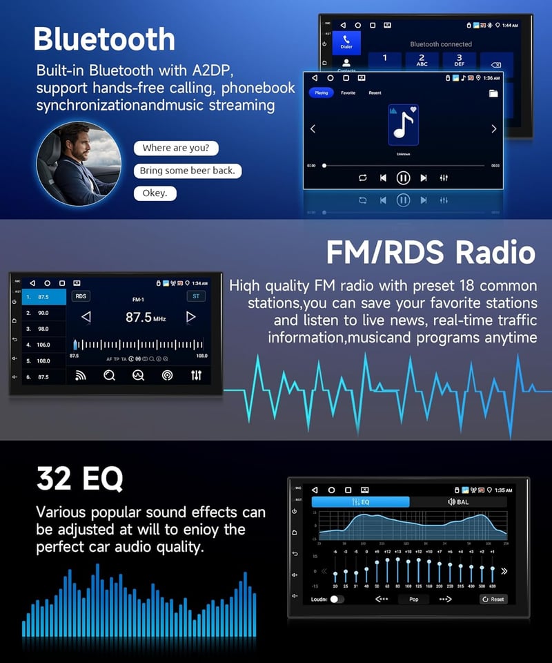 Rimoody 7" 2 DIN Autórádió Android 13 - 4G+64GB Vezeték Nélküli Carplay, GPS Navigáció, WiFi, Érintőképernyő, Bluetooth, Tükrözés, FM/RDS, 3