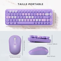 Retro lila AZERTY billentyűzet és egér szett - Vezeték nélküli, kompakt, csendes, USB/Type-C 2