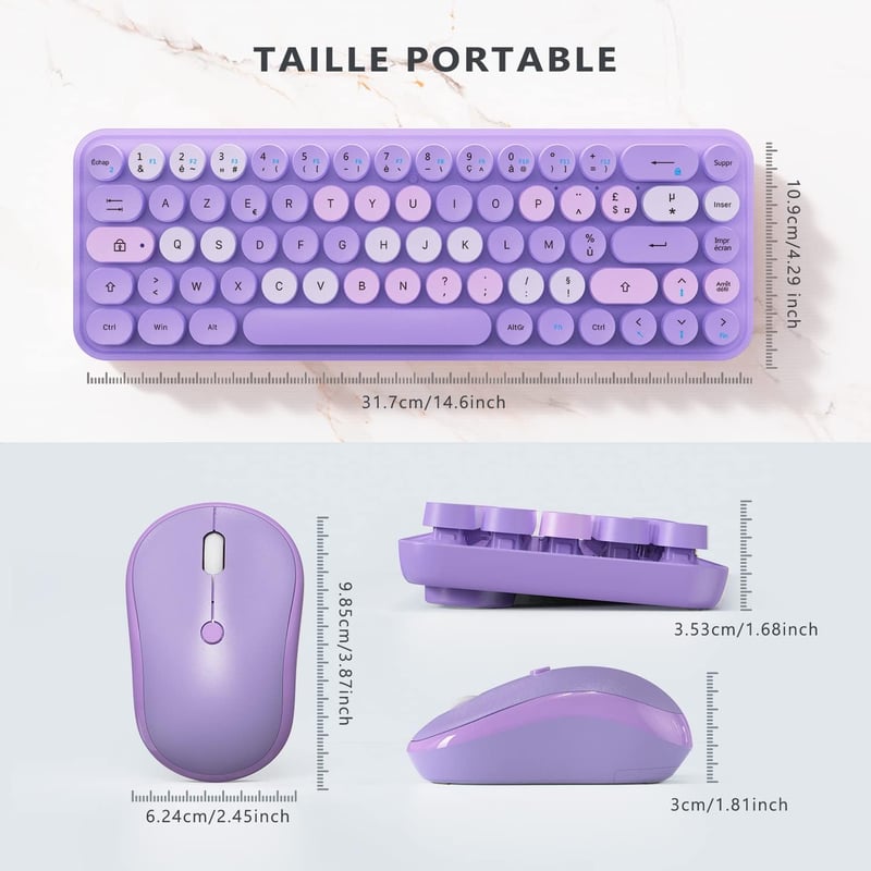 Retro lila AZERTY billentyűzet és egér szett - Vezeték nélküli, kompakt, csendes, USB/Type-C