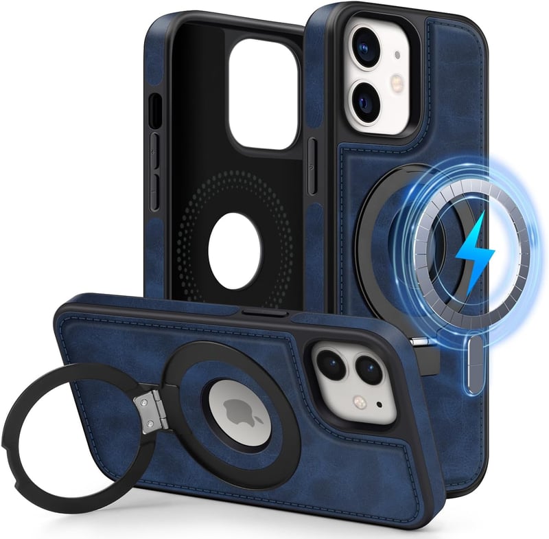 MOBESV Mágneses Telefontok iPhone 12 Mini 5.4" Készülékhez, MagSafe Kompatibilis Bőr Tok Állvánnyal, Vékony Elegáns Védőtok, Királykék