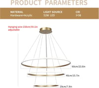 minifair LED Függőlámpa - Szabályozható Fényerejű 3 Gyűrűs Arany Csillár 20+40+60cm, 52W - Modern Akril Mennyezeti Lámpa Étkezőbe, Nappaliba 2