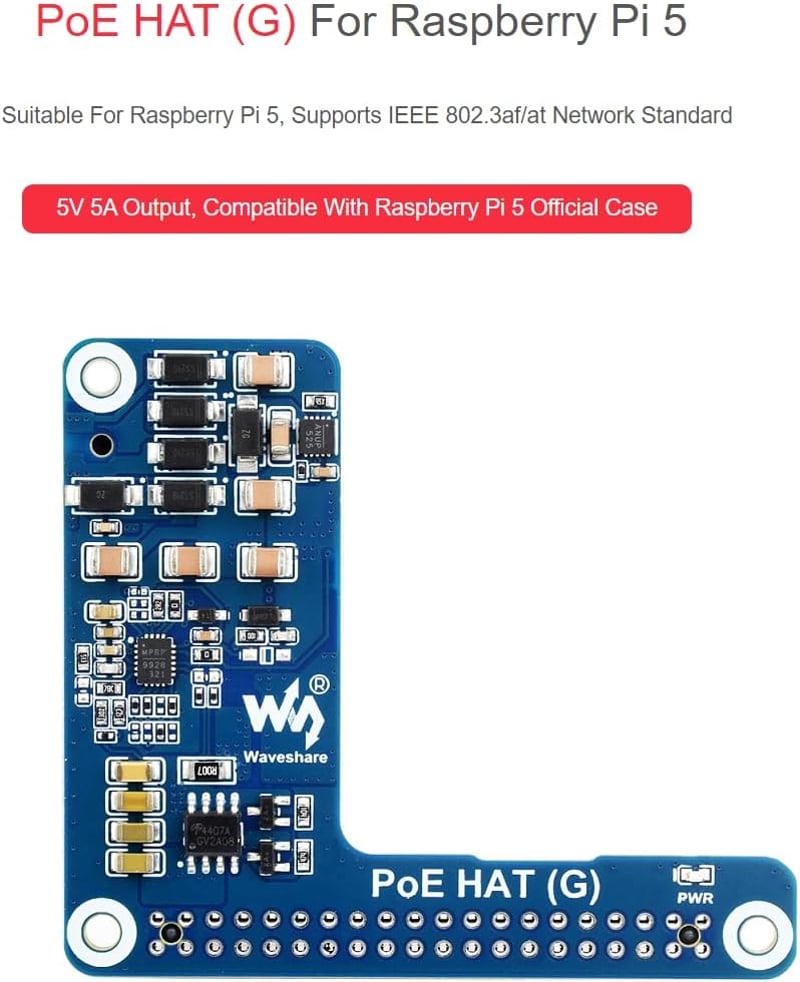 Waveshare Power Over Ethernet HAT (G) Bővítőkártya Raspberry Pi 5-höz - 802.3af/at Kompatibilis POE Adapter 5V 5A Kimenettel