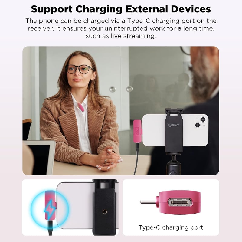 Boya BY-V2 Rózsaszín Vezeték Nélküli Csíptetős Mikrofon iPhone-hoz, Videózáshoz