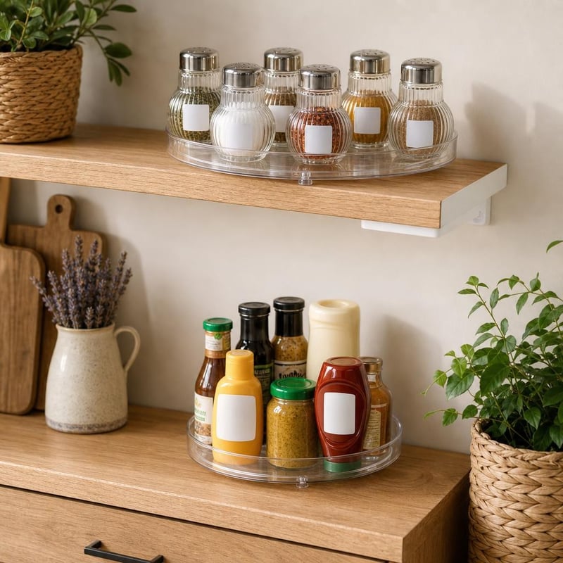 Set organizare condimente: 6 borcane + 4 console raft + etichete + tavă rotativă