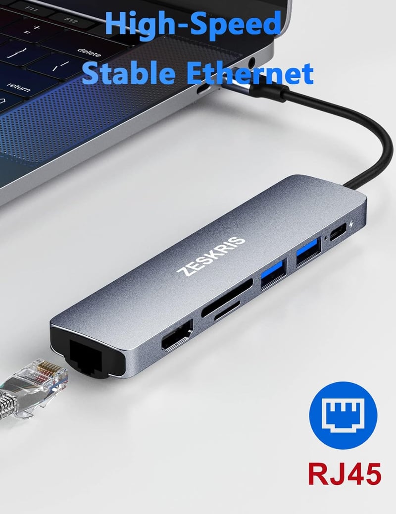 ZESKRIS 7-in-1 USB-C Hub Adapter Ethernet, 100W PD, 4K HDMI, USB 3.0, TF/SD/microSD Kártyaolvasó - MacBook, iPad Pro, Switch Kompatibilis