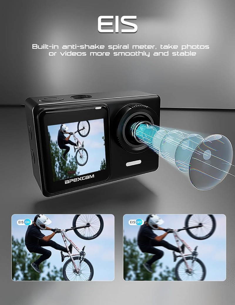 Apexcam X70 PRO 4K 30FPS Akciókamera - 20MP Dupla Érintőkijelzős Vízálló Sportkamera 40m Mélységig, Képstabilizátorral, WiFi, 2db 1350mAh