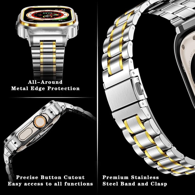Apple Watch Ultra 49mm Védőtokos Fém Szíj - MioHHR Ütésálló Ezüst/Arany