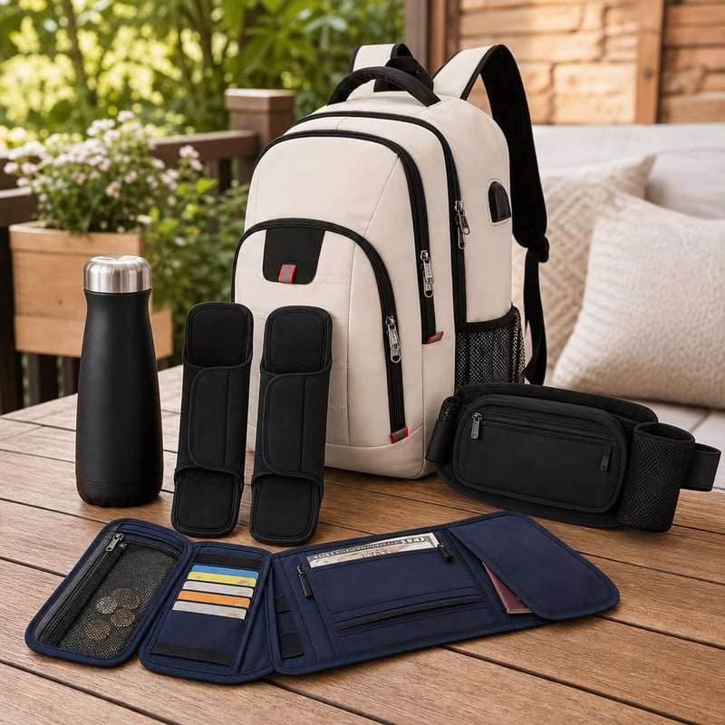Városi ingázó termoszcsomag: 470 ml termosz + vállpárna + USB laptop hátizsák + palacktartó övtáska