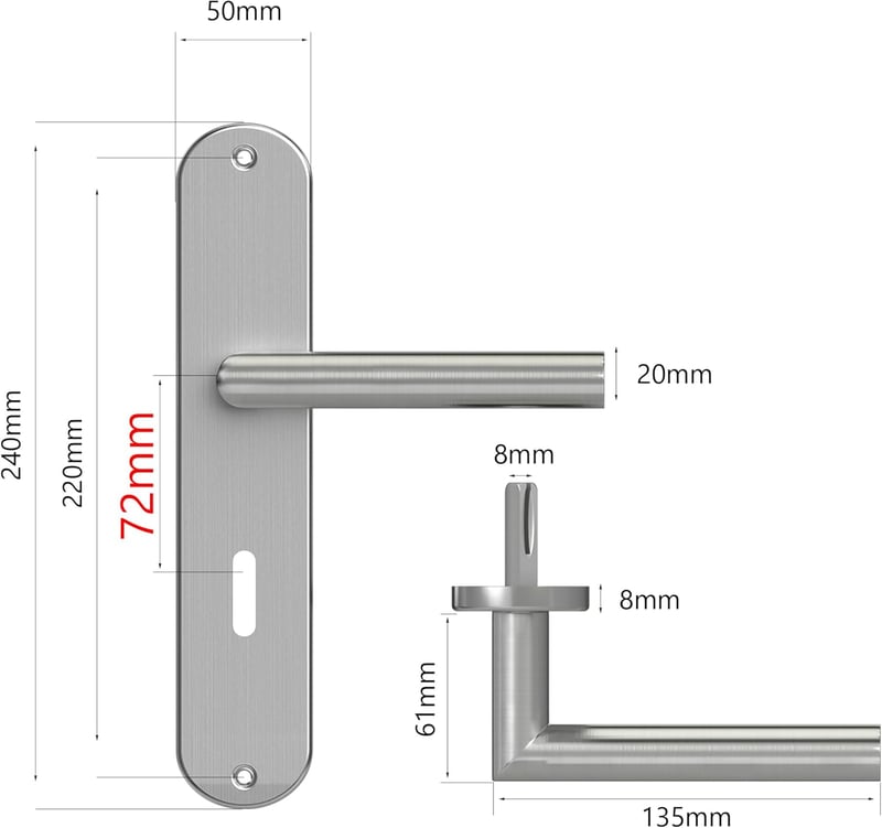 AwmnSrman Rozsdamentes Acél Beltéri Ajtókilincs Szett - Matt Ezüst Kilincs 72mm-es Zárszerkezettel, 2 Fogantyú és 2 Hosszú Címtábla 240x50mm