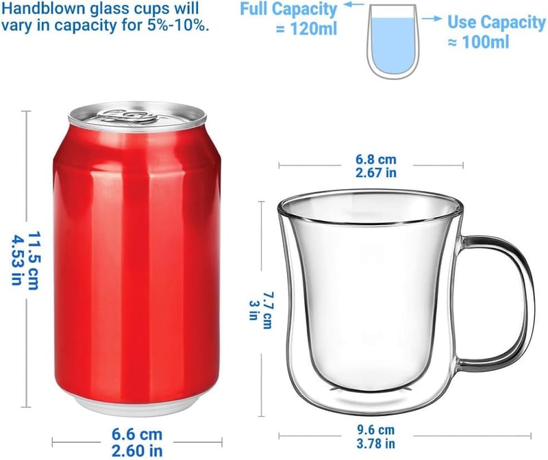 ecooe Dupla falú üveg eszpresszó csészék 120ml, hőálló fogantyúval, 2 db