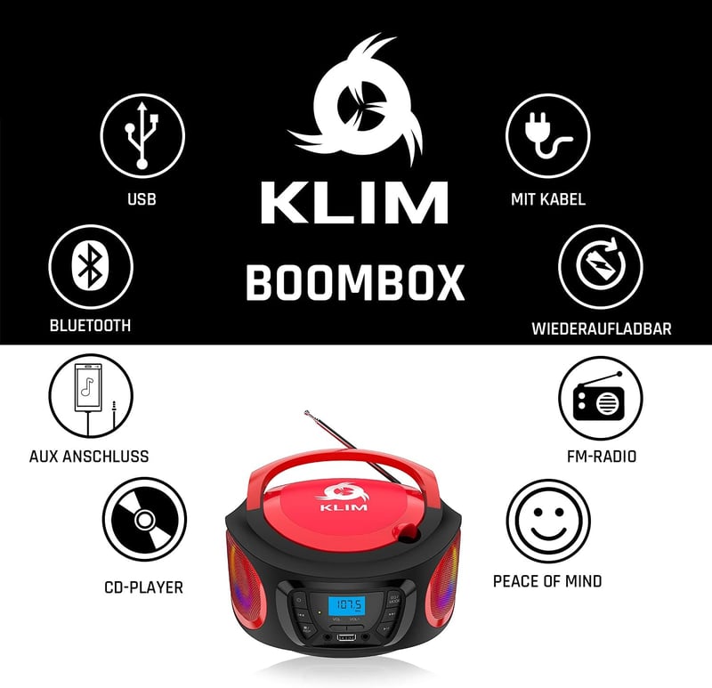 KLIM Boombox Hordozható CD Lejátszó - FM Rádió, Bluetooth, MP3, USB, AUX - Újratölthető Akkumulátor, RGB Világítás, Kompakt Kivitel (Piros)