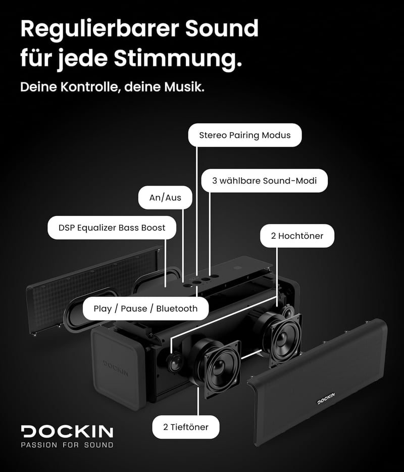 DOCKIN D FINE+ 2 Bluetooth Hangszóró, 50W, IPX5 Vízálló, 16 Órás Üzemidő, Powerbank Funkcióval, 3 DSP Hangszínszabályzóval, Fekete