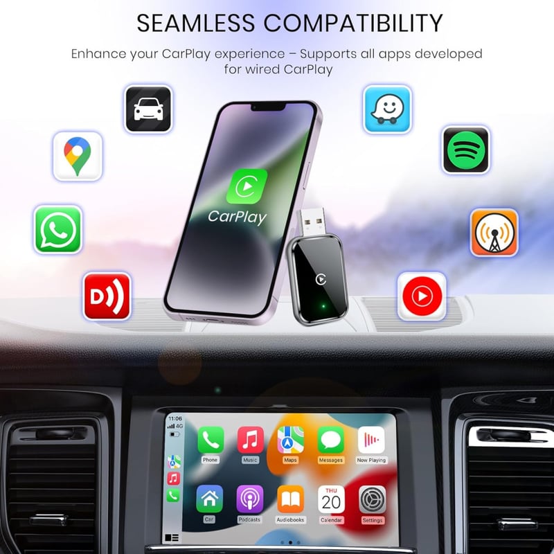 AIZEO Vezeték Nélküli CarPlay Adapter - Gyors Átállás Vezetékes CarPlayről Vezeték Nélkülire, Plug and Play, iPhone iOS 10+ Kompatibilis

AI