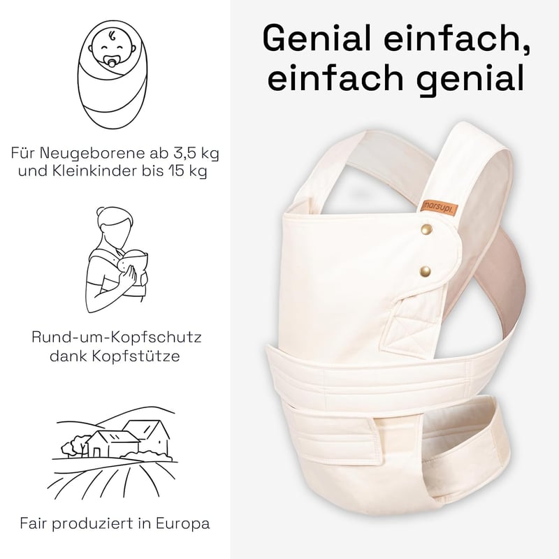 Marsupi Ergonomikus Baba Hordozó Kendő - Klasszikus Törtfehér/Bézs Színben, Kényelmes Vászon Anyagból, 420g, Újszülötteknek és Kisgyermekeknek