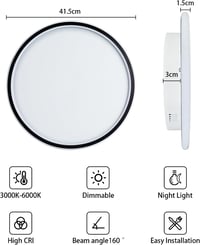 MOONSEA Fekete LED Mennyezeti Lámpa 41,5 cm - Távirányítós, Fényerőszabályozható, 28W, 3000K-6000K Állítható Színhőmérséklet, Hálószobába, K 3