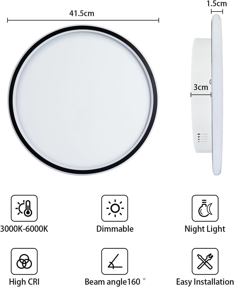 MOONSEA Fekete LED Mennyezeti Lámpa 41,5 cm - Távirányítós, Fényerőszabályozható, 28W, 3000K-6000K Állítható Színhőmérséklet, Hálószobába, K