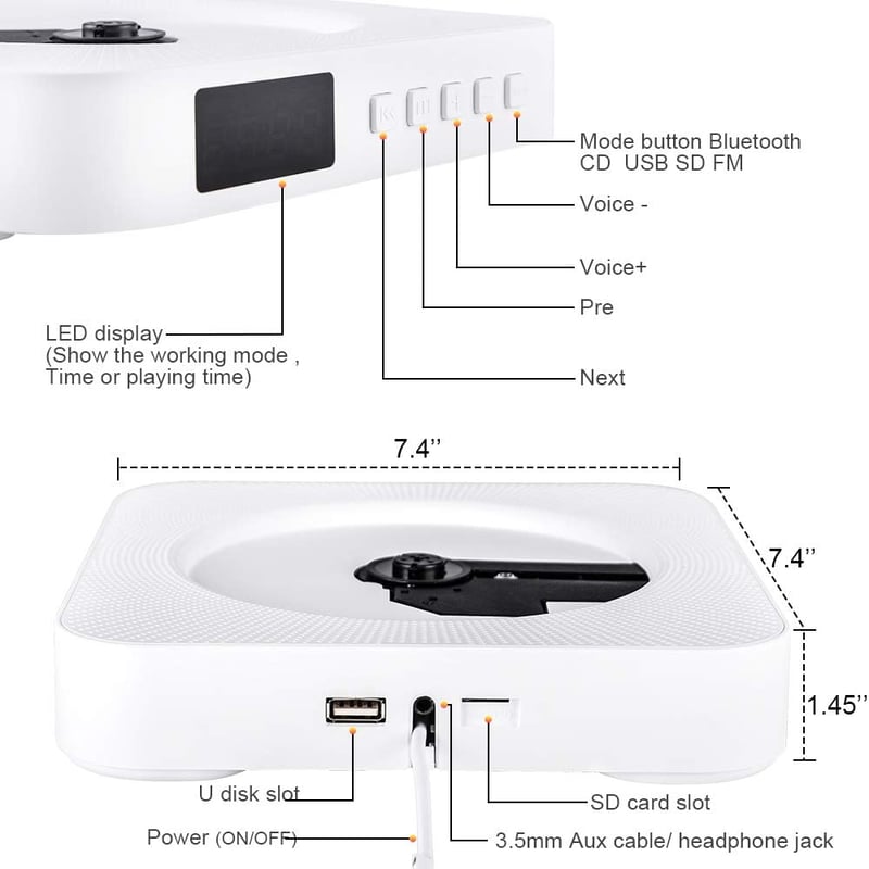 Qoosea Hordozható CD Lejátszó Bluetooth HiFi Hangszóróval - Falra Szerelhető Zenelejátszó FM Rádióval, Távirányítóval és MP3 Csatlakozóval