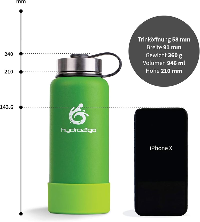 hydro2go X-AlpsBottle 1L Rozsdamentes Acél Vákuumszigetelt Termosz 3 Kupakkal