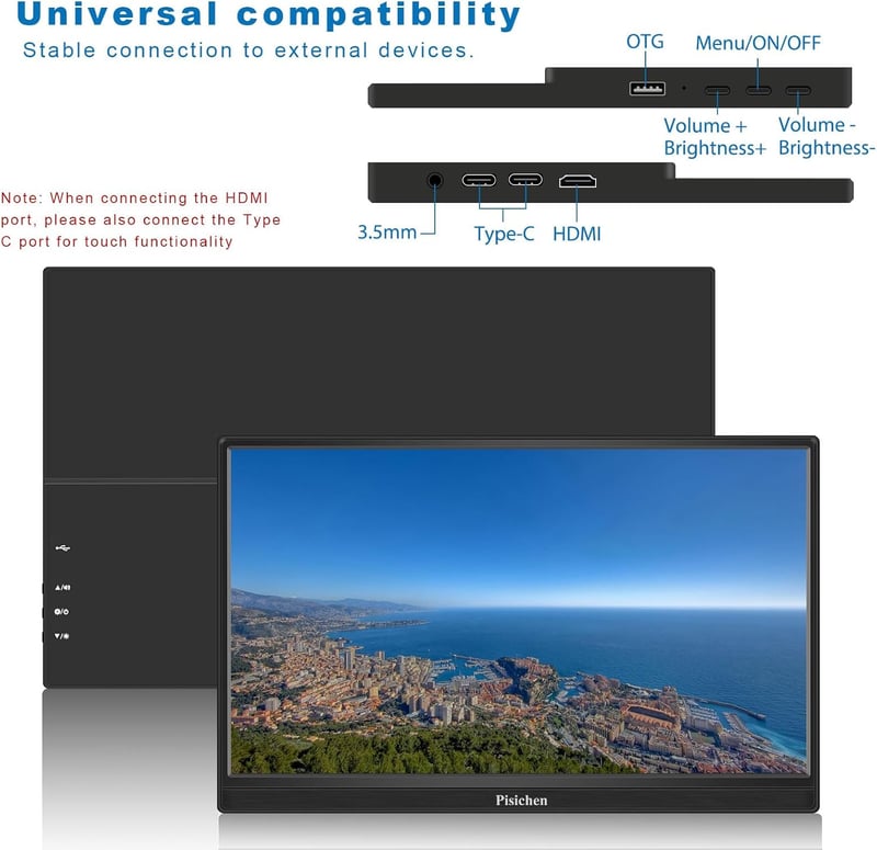 Pisichen 15,6" FHD érintőképernyős hordozható monitor HDMI/USB-C - PC, telefon, konzol