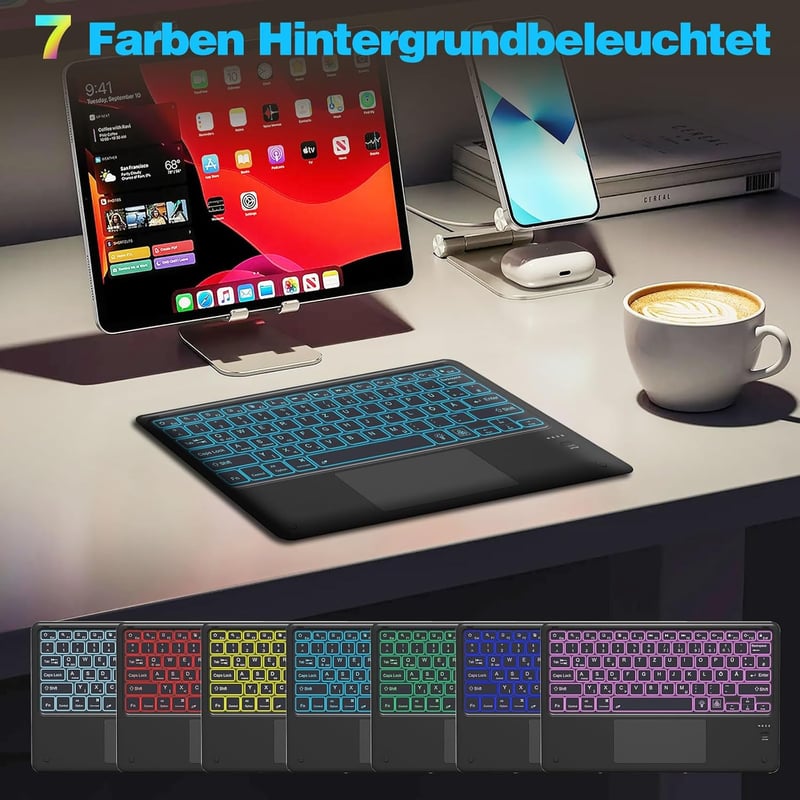 Bluetooth QWERTZ billentyűzet érintőpaddal, 7 színű háttérvilágítással - iOS/Android/Windows kompatibilis