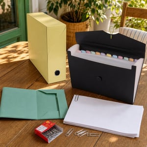 Set za organizaciju dokumenata: 100x spajalica 32mm + A4 kutija za spise + harmonika mapa 12 pretinaca