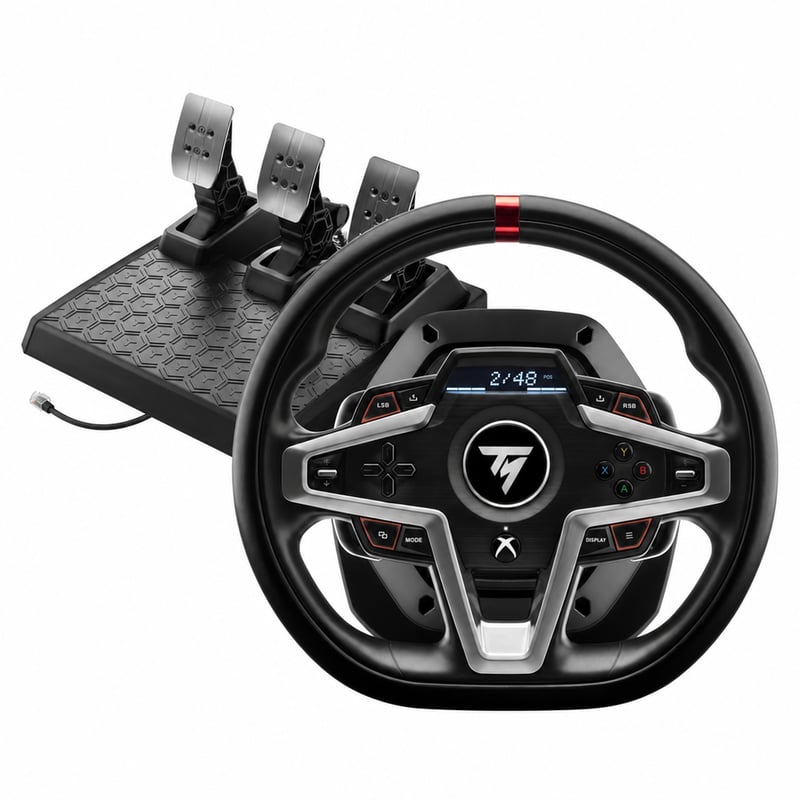 Thrustmaster T248 Force Feedback — chybný, čiastočne funkčný: kábel od pedálov sa nepripája k volantu (stav: pozri 2. obrázok)