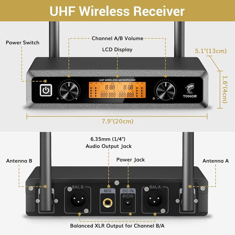 TONOR UHF TW822 Vezeték Nélküli Mikrofonszett Fejpántos és Csíptetős Mikrofonnal, 10 Frekvencia, 60m Hatótáv, Énekléshez, Karaokéhoz - 2 body pack