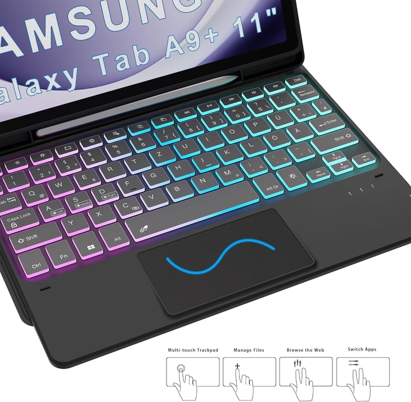 ROOFEI Samsung Galaxy Tab A9 Plus Tok QWERTZ Billentyűzettel - 7 Színű RGB Háttérvilágítás, Bluetooth, Levehető Billentyűzet Trackpaddal, 11