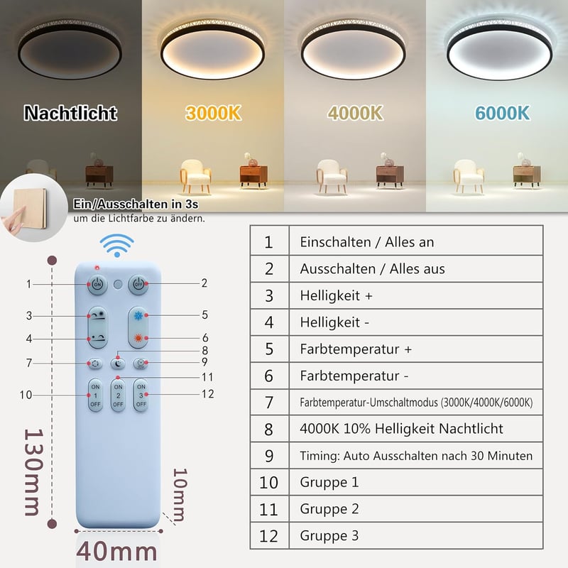 SEATAIN LED Mennyezeti Lámpa 50W - Fekete, Kerek, 50cm, Távirányítós, Fényerőszabályozható, 3000K-6000K, 5000lm, Memória Funkcióval, Éjszaka