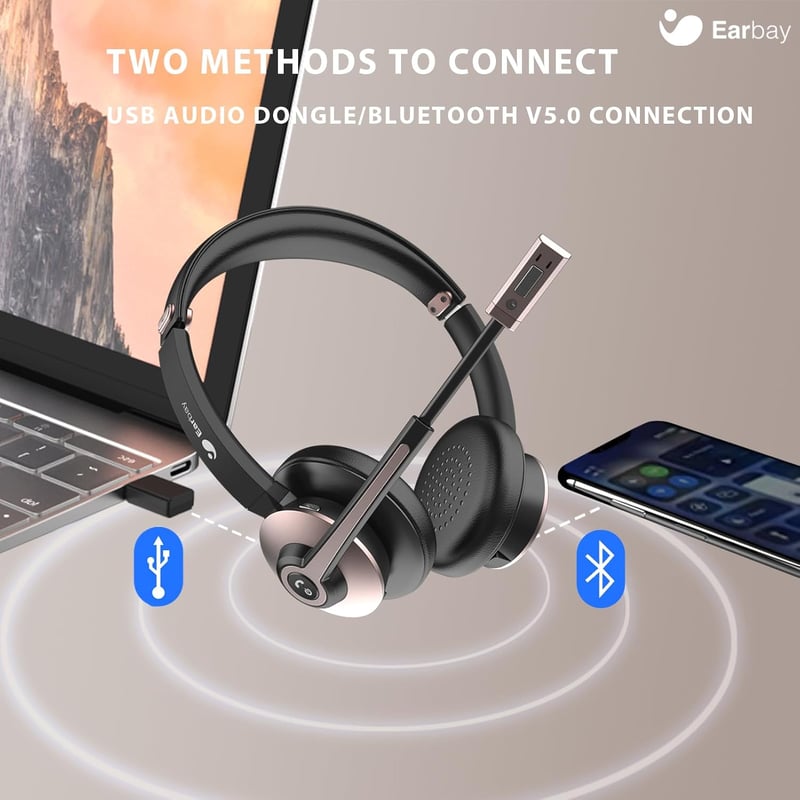 Earbay Bluetooth Headset Mikrofonnal - Zajszűrős, USB-s Vezeték Nélküli Fejhallgató PC-hez, Rózsaarany