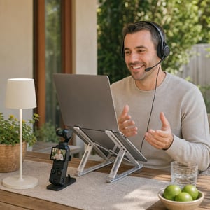 Videóhívás stúdiócsomag: mágneses kameratartó + dimmelhető LED lámpa + mikrofonos headset + laptopállvány