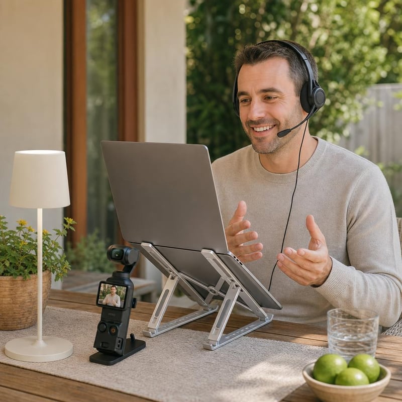 Videóhívás stúdiócsomag: mágneses kameratartó + dimmelhető LED lámpa + mikrofonos headset + laptopállvány