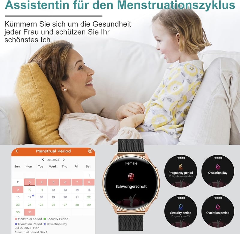 Fitonyo női okosóra telefonos funkcióval, 1,32" HD érintőkijelzővel, menstruációs ciklus követéssel, Android iOS