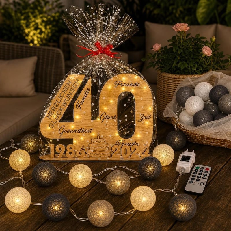 Set za 40. rođendan: drvena knjiga gostiju s LED svjetlima + pamučni svjetlosni niz s 20 kuglica