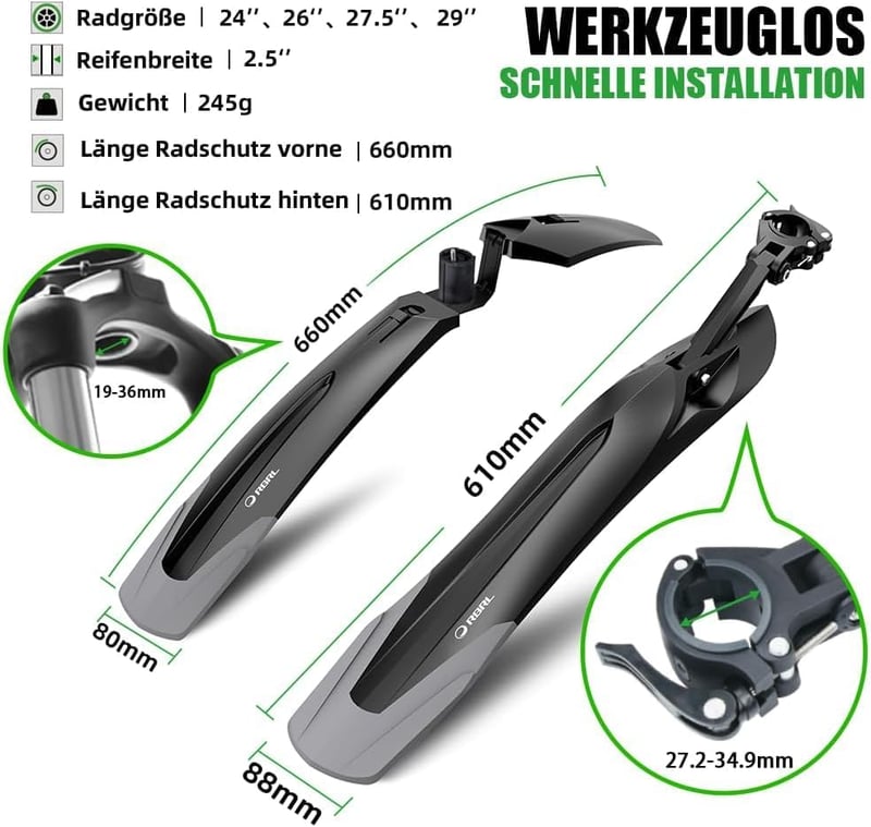RBRL Kerékpár Sárvédő Szett 24-29 Colos Kerekekhez - Univerzális Gyorsrögzítésű MTB Sárvédő Víz és Sár Ellen, Szerszám Nélküli Szereléssel - Classic black, 25*5.9*7.8inches