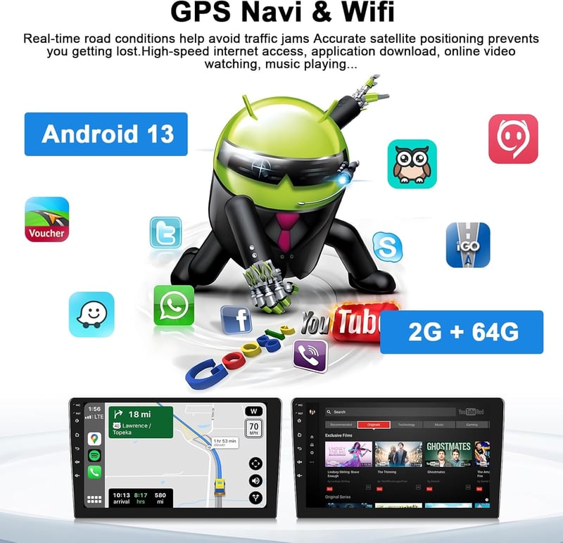 Univerzális 1 DIN Autórádió Android 15 - 10" Érintőképernyős Fejegység 2GB+64GB, Vezeték Nélküli CarPlay, Bluetooth 5.0, GPS Navigáció, WiFi, To