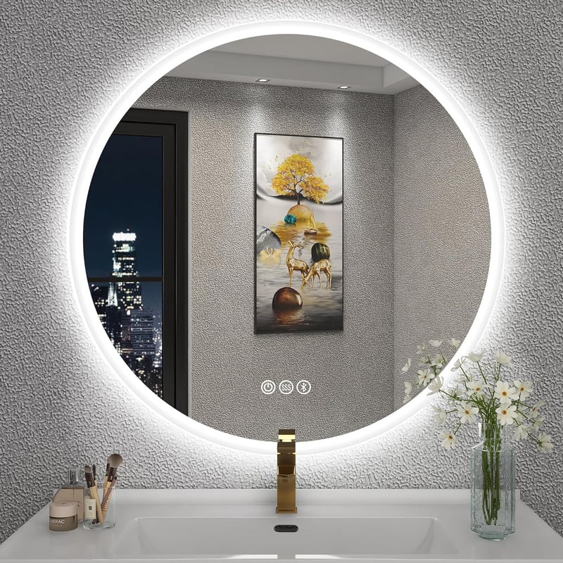 S'bagno 60 cm Kerek LED Fürdőszobai Tükör - Érintésérzékelős, Fényerőszabályozós, Színváltós Világítással és Bluetooth Hangszóróval