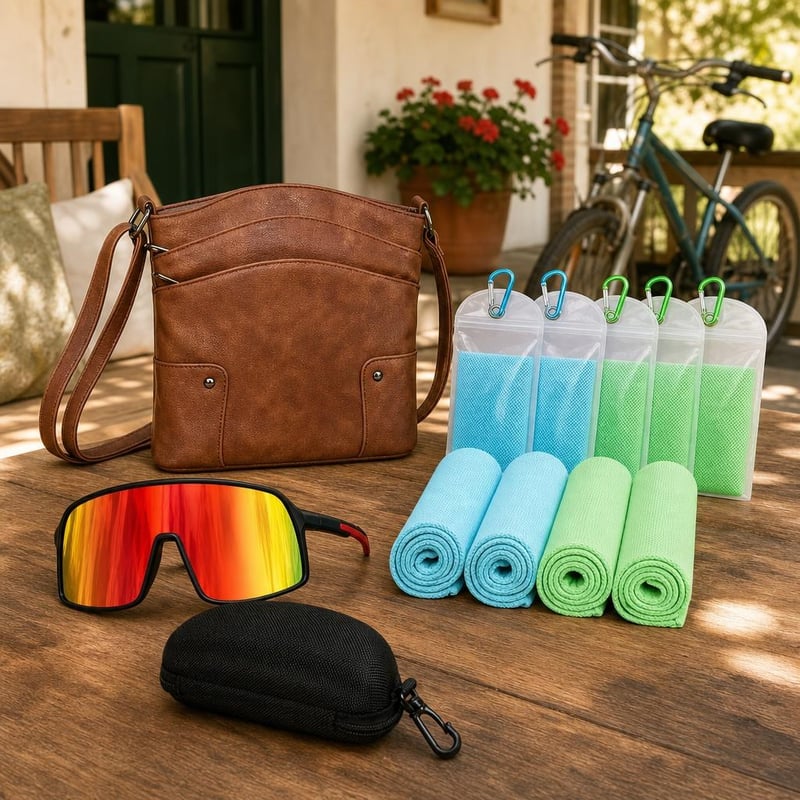 Retro športový set: UV400 okuliare + 4x chladiaca šatka + crossbody kabelka