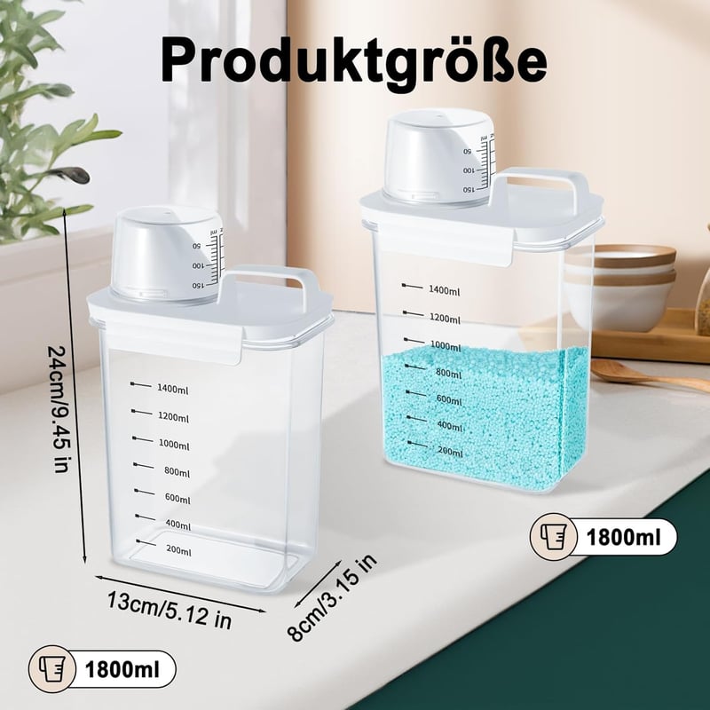 Mucek 2 db 1800 ml Légmentes Mosószer Adagoló Mérőpohárral - Mosópor Tároló Doboz, Kerek Kialakítás, Porálló Tárolóedény