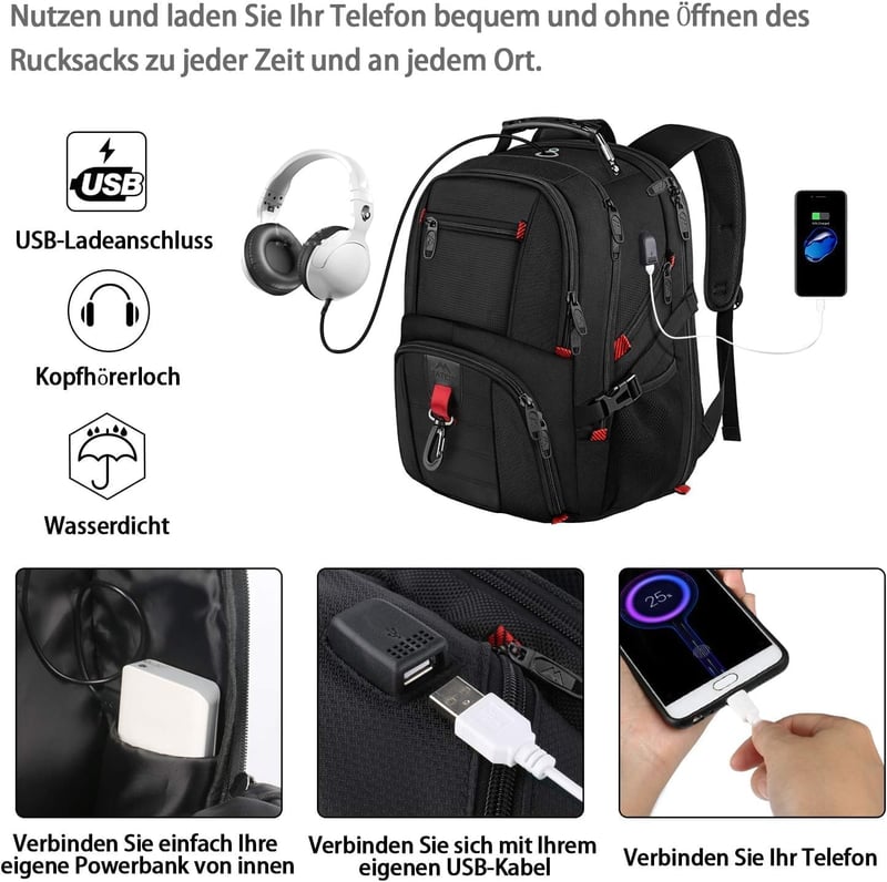 MATEIN Vízálló Laptop Hátizsák Férfiaknak - 17,3" Méretű, USB Töltővel, TSA Kompatibilis, Többrekeszes Utazó Táska Iskolába, Munkába - 17.3 inches, Black