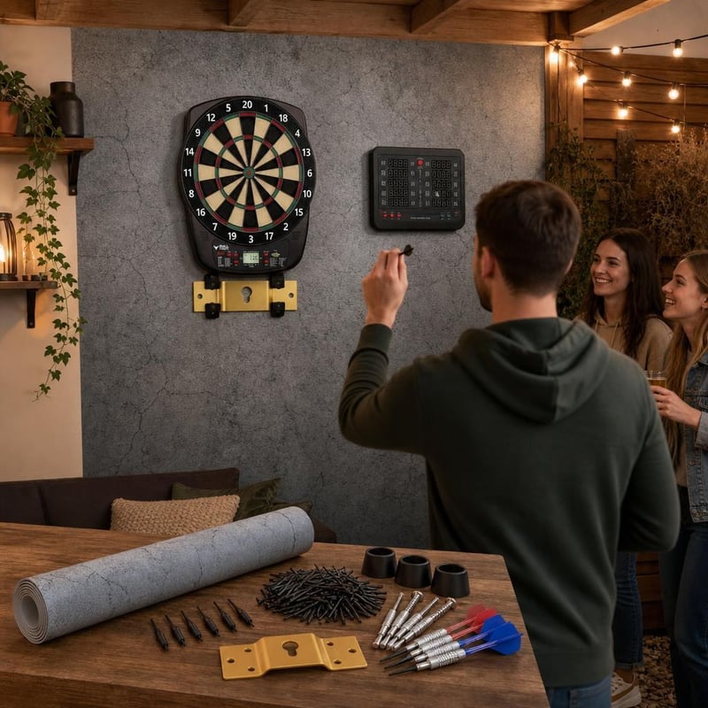 Darts set pre krčmovú atmosféru: 1x terč + 1x držiak + 200x hroty + tapeta + elektronický zapisovač