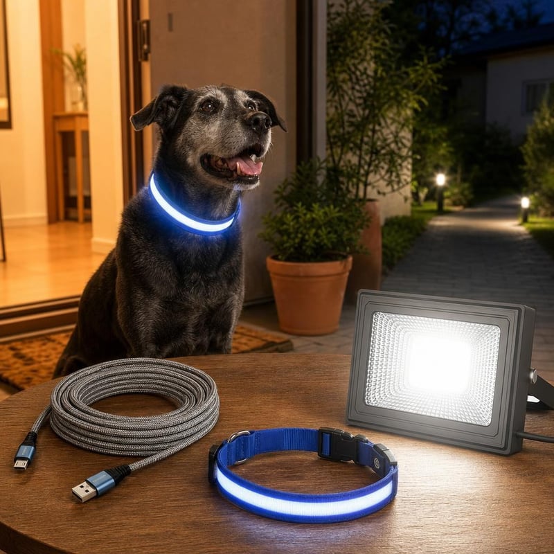 Pachet Siguranță Nocturnă: Zgardă LED + Proiector LED + Cablu Micro USB 9m