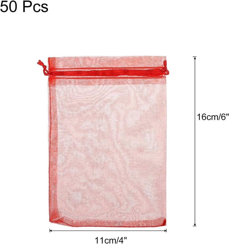 Piros organza ajándéktasak 50db - Esküvői, karácsonyi ékszertartó 11x16cm