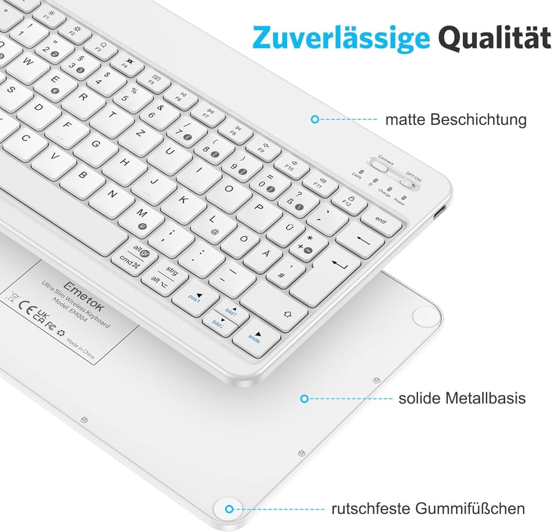Emetok Német QWERTZ Bluetooth Billentyűzet iPad/iPhone/Samsung/Android Készülékekhez - Ultravékony, Újratölthető, Vezeték Nélküli, Fehér