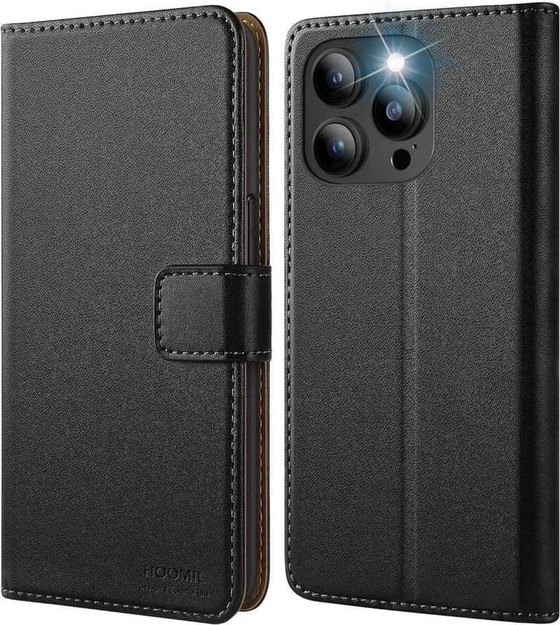 Apple iPhone 14 Pro Fekete Bőrtok Kártyatartóval és Állvánnyal