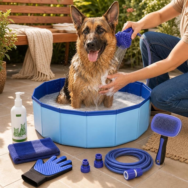 Sada na starostlivosť o srsť: bazénik + sprej proti svrbeniu + sprchovací set + kefa