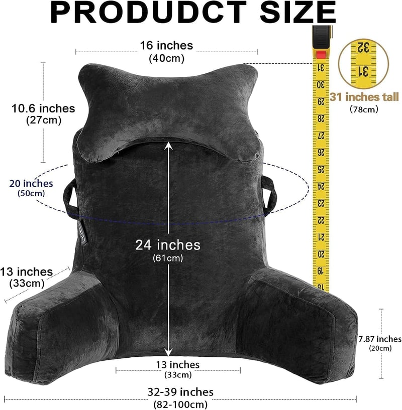 SLIGUY Extra Nagy 78,7 cm Ágy Támaszpárna Levehető Karfával - Háttámasz Olvasáshoz, TV Nézéshez - Fekete Ágyban vagy Kanapén Használható Pih