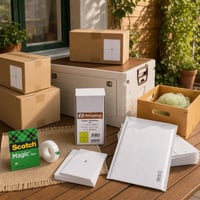 Csomagolási rendrakó: ragasztószalag + 55 l láda + 30×20×14 cm doboz + 2000 címke + 10 légpárnás boríték 1